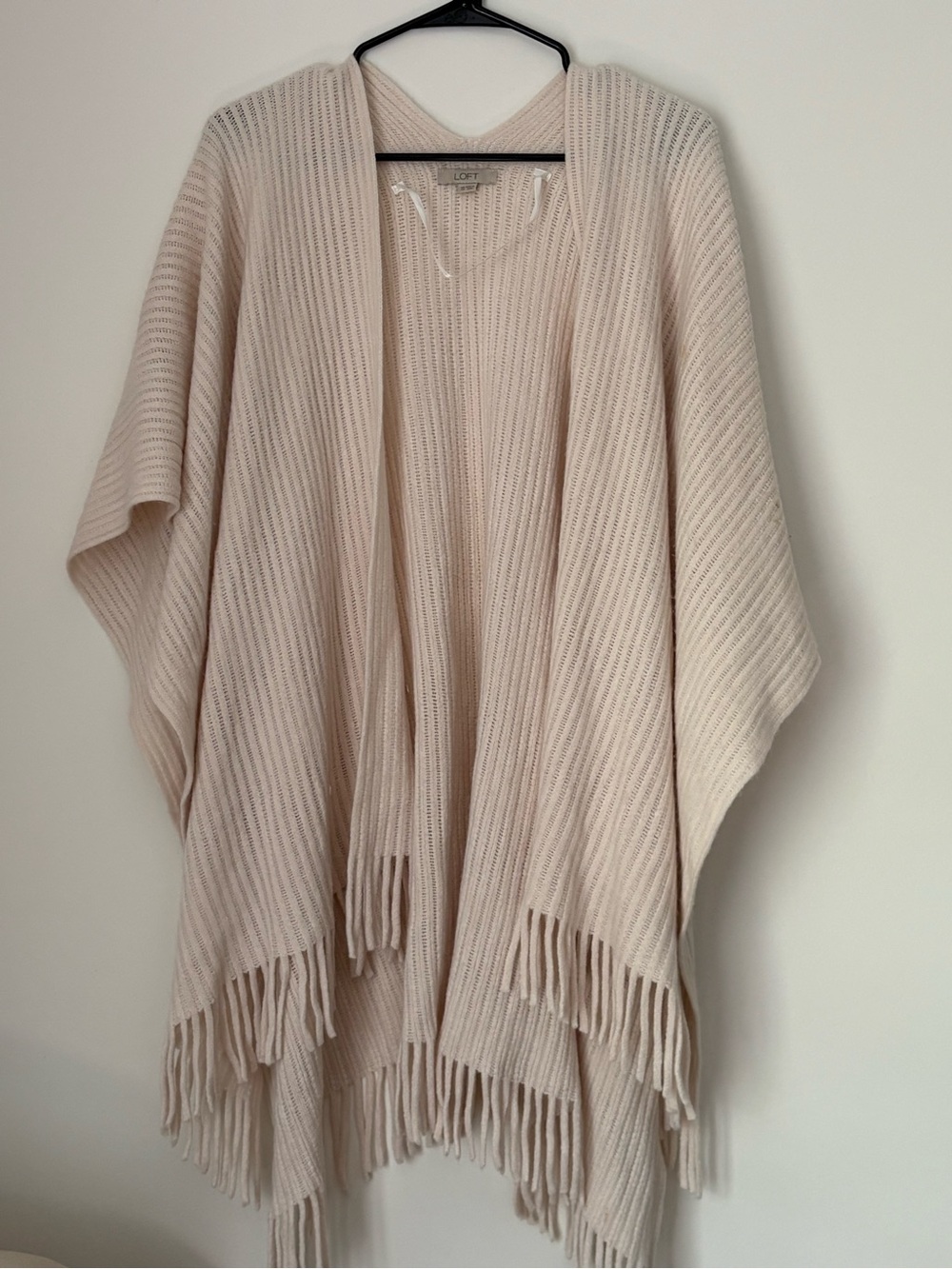 LOFT Light Cream Fringe Knit Poncho
